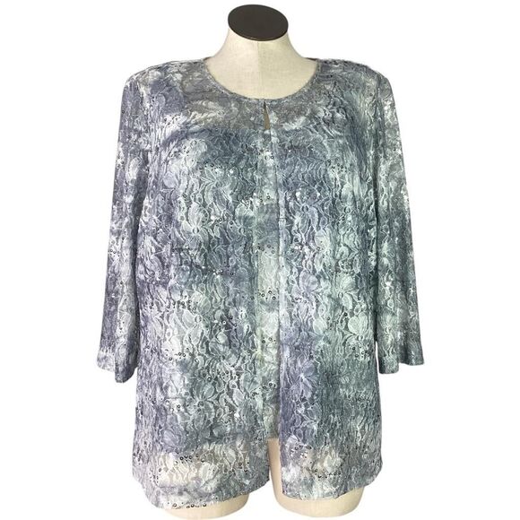 Alex Evenings Lace Jacket Tank Twin Set Women 3X Gray Floral Stretch Sequin - Picture 1 of 10